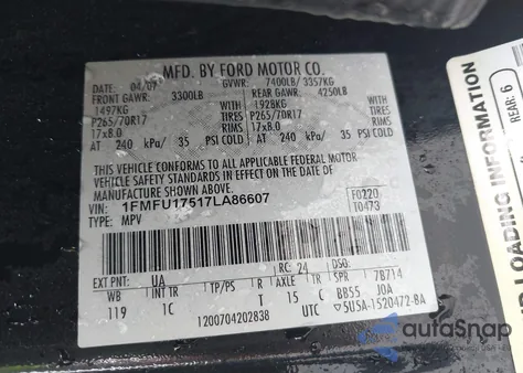 2007 Ford Expedition Eddie Bauer from USA, damaged, VIN 1FMFU17517LA86607